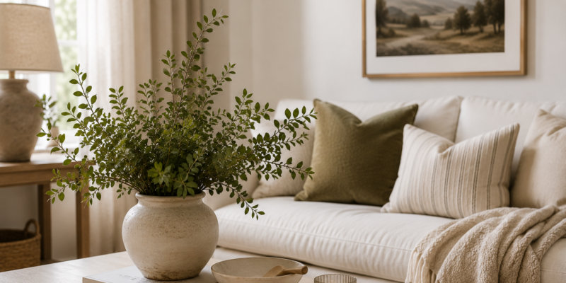 Warm neutral living room with a cream sofa, layered pillows, light wood coffee table, ceramic vase of greenery, books, and natural home decor accents.