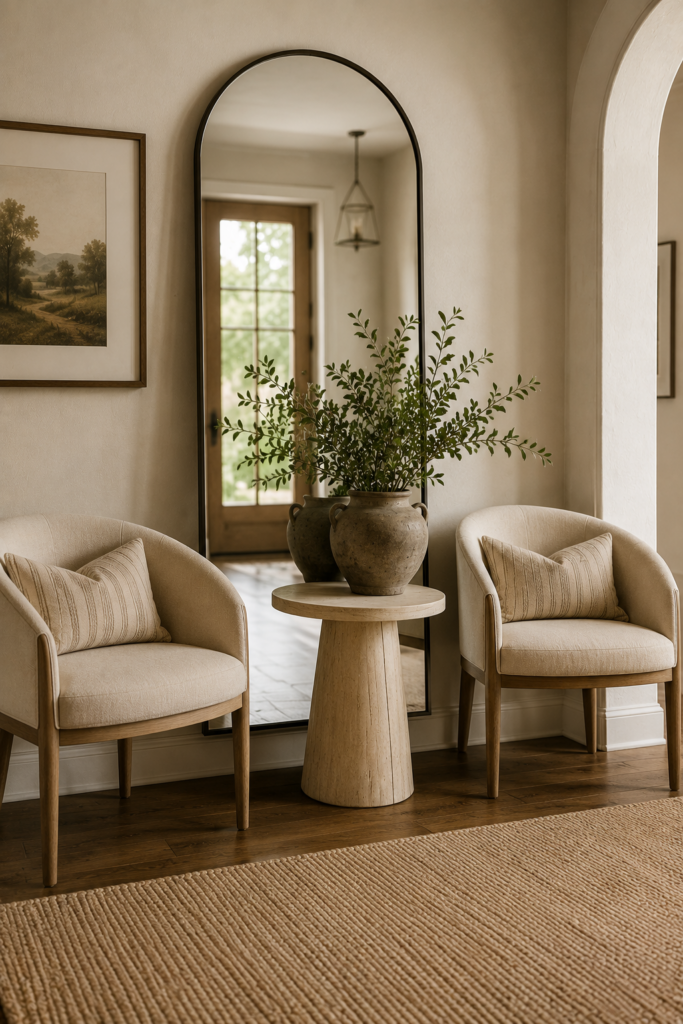 Two neutral upholstered chairs styled with a pedestal table, large ceramic vase of greenery, arched floor mirror, and textured area rug.