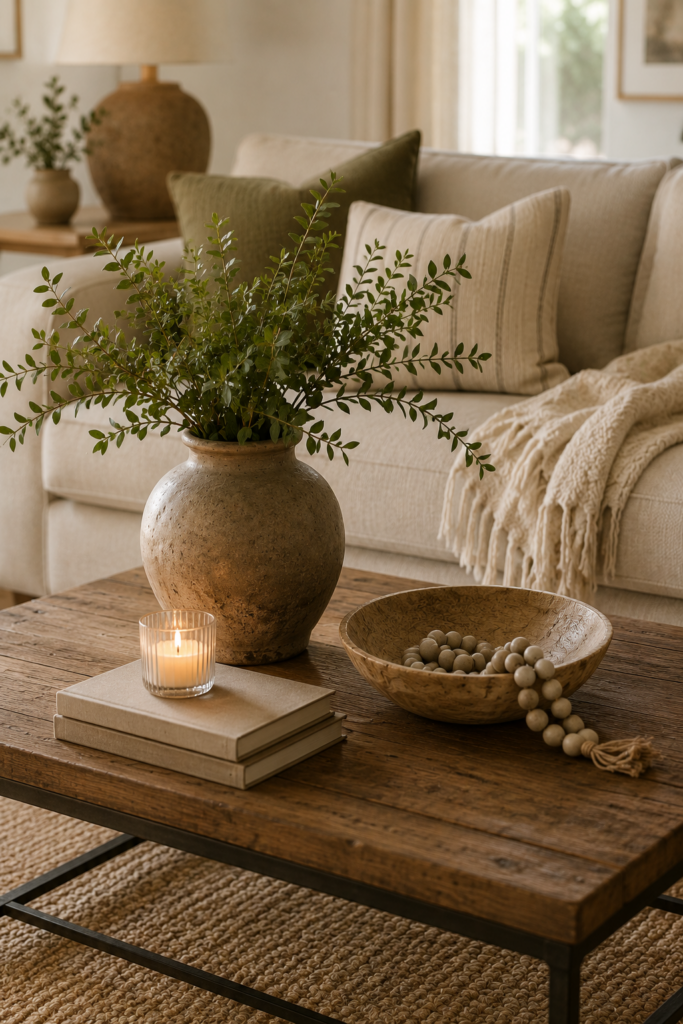 Rustic wood coffee table styled with a large ceramic vase of greenery, candle, stacked books, wooden bowl, and decorative beads in a cozy neutral living room.