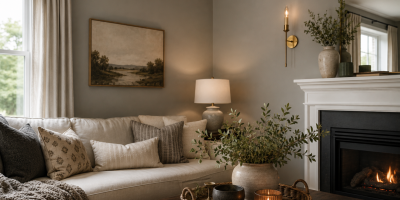 Modern living room with grey walls, gold wall sconces, cozy neutral decor, white fireplace, and layered textures showing how warm styling softens cool paint colours.