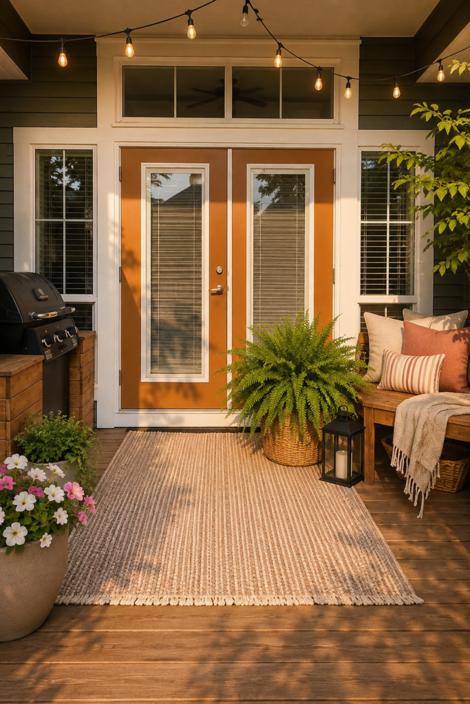 Cozy backyard patio entrance with French doors, a neutral outdoor rug, lush ferns, and inviting porch décor in warm afternoon sunlight.