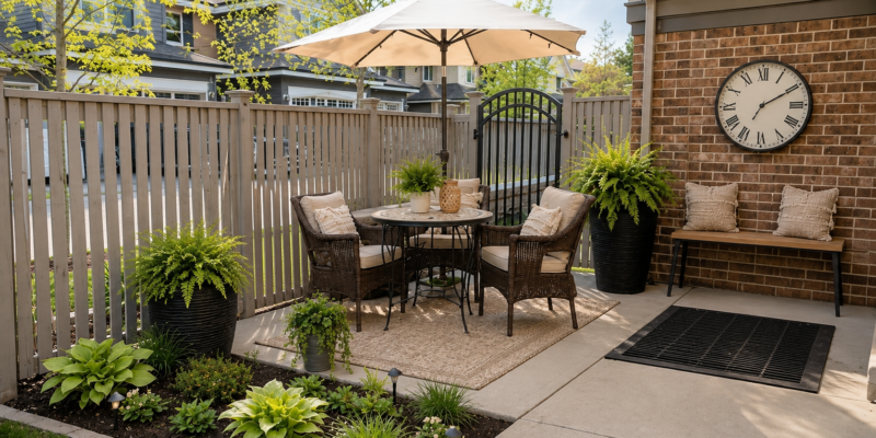 Cozy townhouse patio with wicker outdoor chairs, neutral rug, large planters, patio umbrella, and inviting outdoor furniture for relaxing and entertaining.