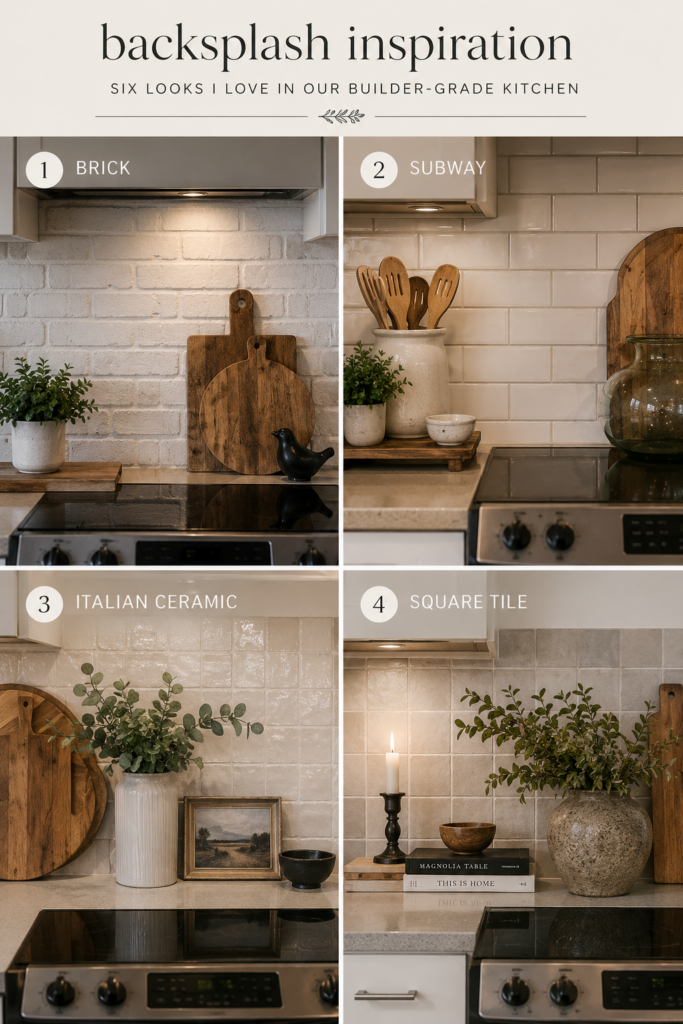 Comparison of four backsplash styles including painted brick, subway tile, handmade Italian ceramic tile, and square tile for updating a builder-grade kitchen.