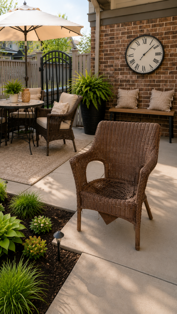 Charming setting of an outdoor patio with a broken chair