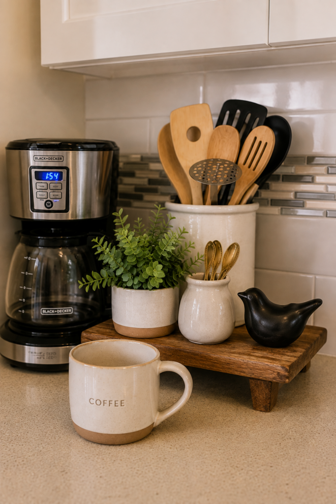 Cozy coffee station with a wooden riser, ceramic utensil holder, gold spoons, neutral coffee mug, and greenery styled against a builder-grade kitchen backsplash.