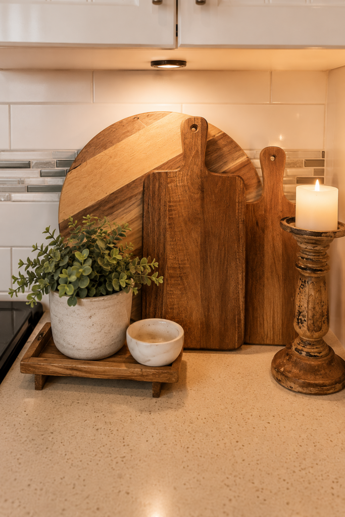 Layered wooden cutting boards styled beside a builder-grade kitchen backsplash to add warmth, texture, and character without renovating.