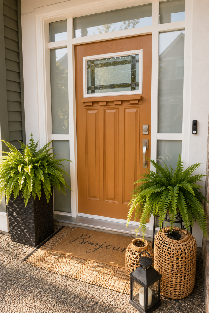 Welcoming front porch with a warm wood front door, lush ferns, woven baskets, and neutral outdoor entryway decor.