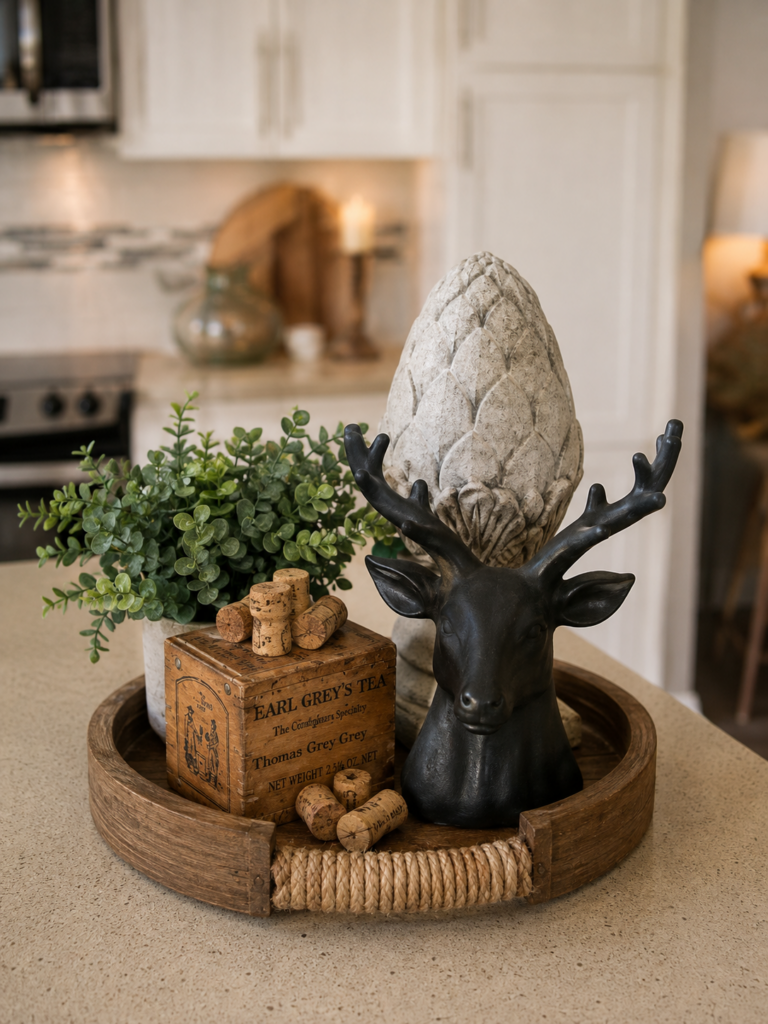 Decorative kitchen island tray with a black deer sculpture, stone finial, greenery, vintage tea box, and wine corks adding warmth to a builder-grade kitchen.