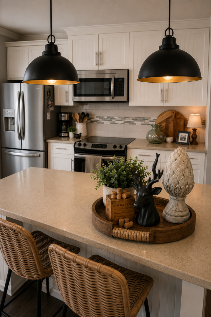 Warm builder-grade kitchen featuring white shaker cabinets, a neutral backsplash, styled countertops, pendant lighting, and a decorated kitchen island.