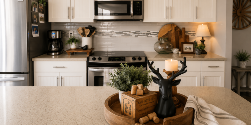 Cozy builder-grade kitchen featuring white shaker cabinets, a neutral backsplash, warm wood accents, a styled kitchen island, and a simple coffee station.