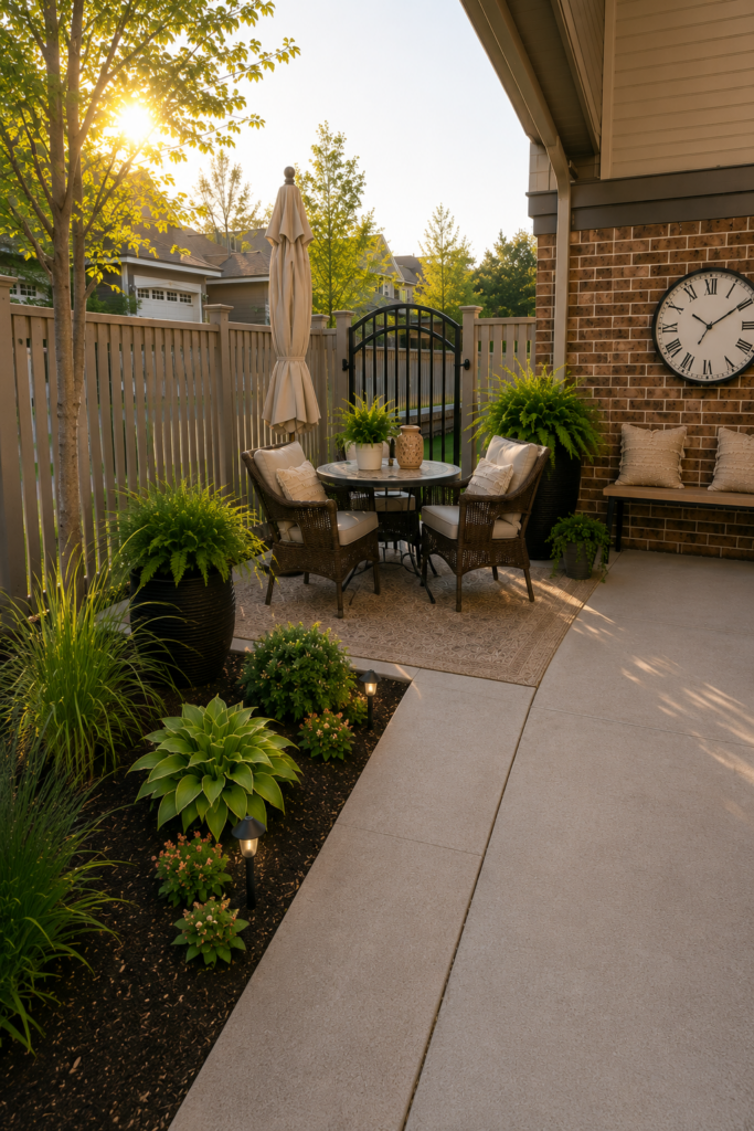 Cozy townhouse patio with a garden walkway, comfortable outdoor chairs, lush landscaping, and a welcoming seating area in warm evening sunlight.