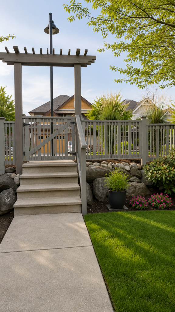 Landscaped townhouse backyard with a pergola entrance, garden beds, ornamental grasses, and a welcoming pathway leading to the patio.