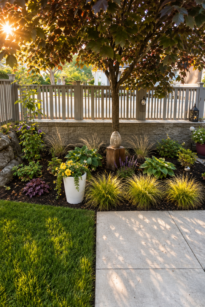 Landscaped side garden with a mature shade tree, lush hostas, ornamental grasses, flowering shrubs, and a stone retaining wall in warm evening sunlight.