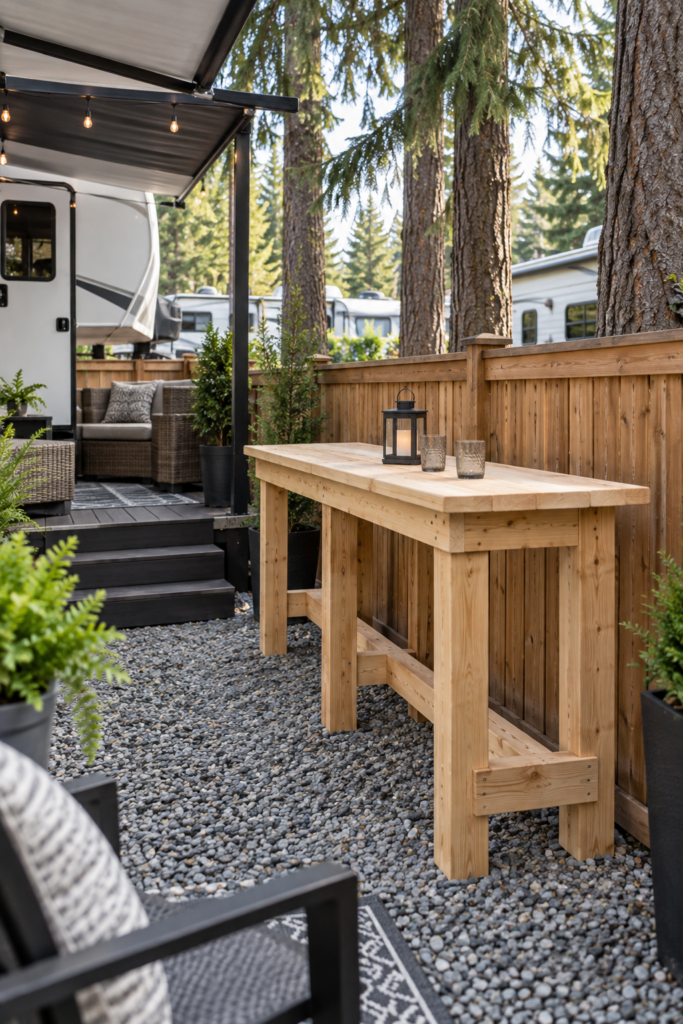 Unfinished light wood outdoor bar beside a privacy fence on a small fifth-wheel RV patio with covered seating and mature trees.