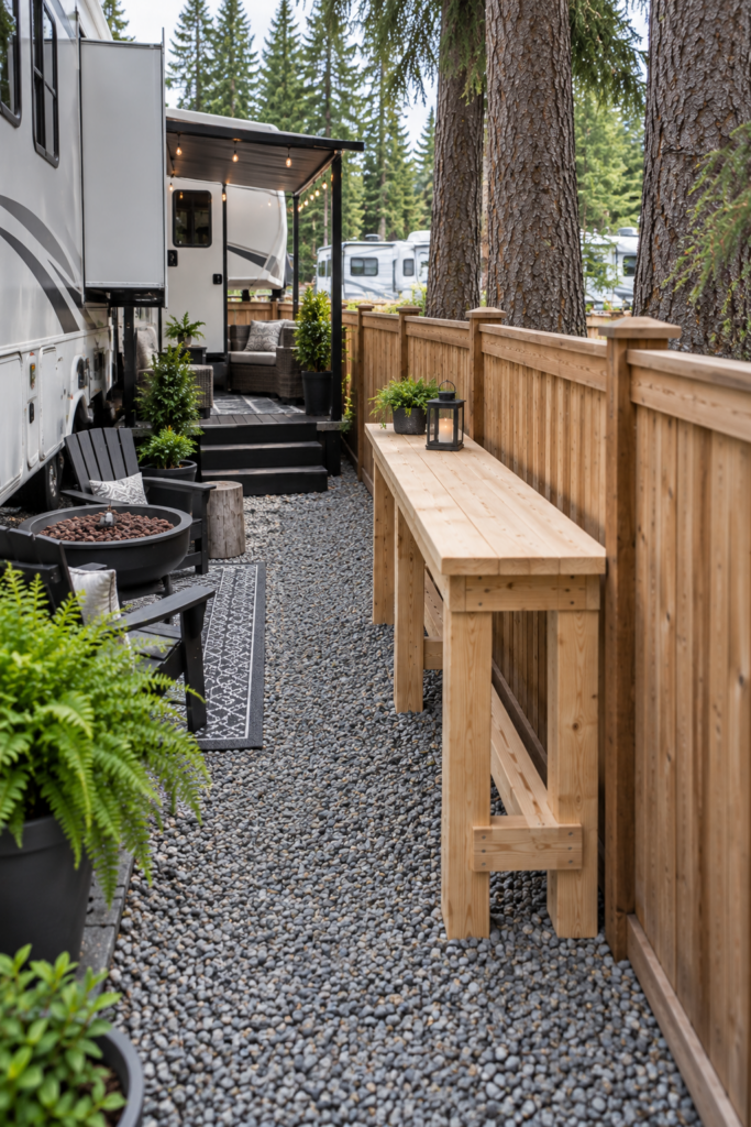 Unfinished wooden outdoor bar crowding a narrow gravel RV patio between a fifth wheel, fire pit and privacy fence.