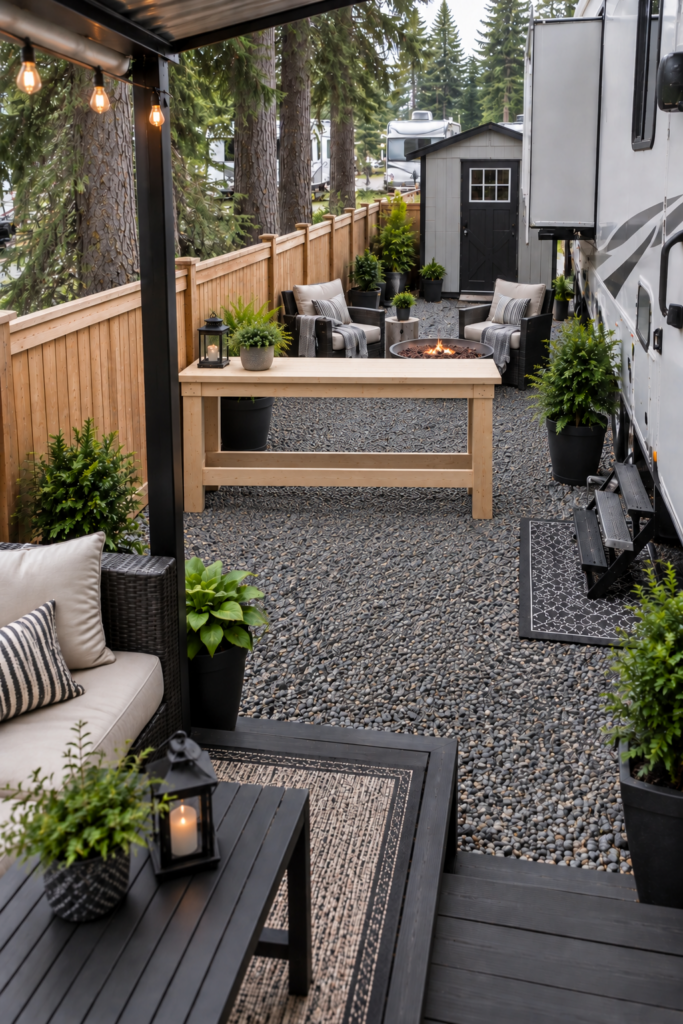 Unfinished wooden outdoor bar crowding a narrow gravel RV patio between a fifth wheel, fire pit and privacy fence.