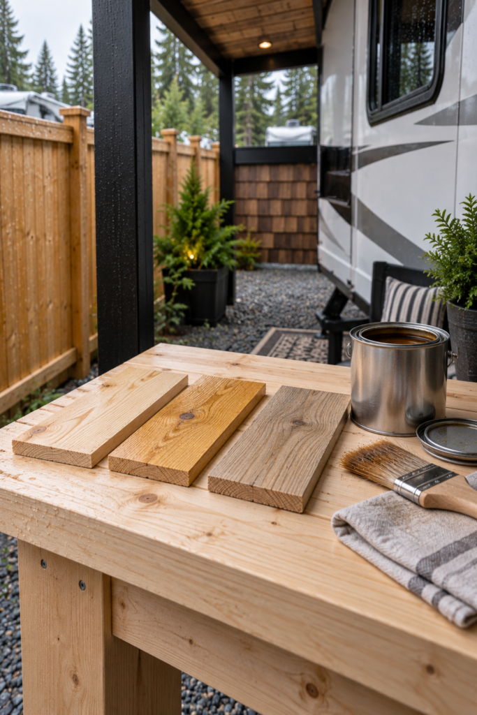 Three wood stain samples with a brush and finish can on an unfinished outdoor bar beneath a covered RV patio.