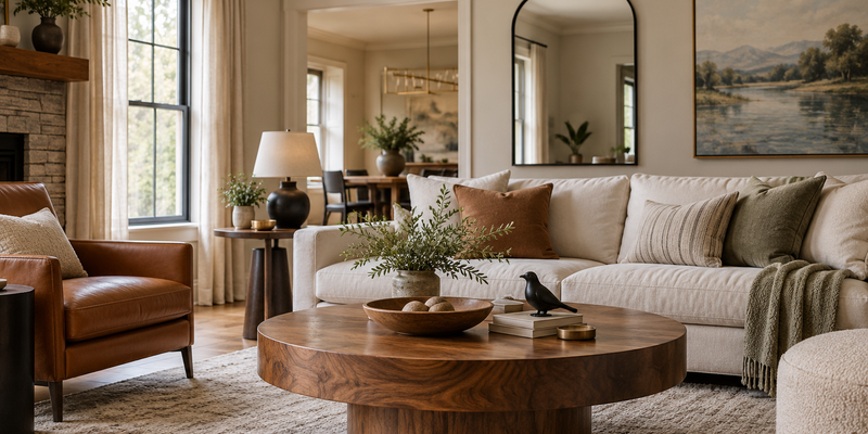 Warm neutral living room with a round wood coffee table, ivory sofa, muted green cushions, cognac leather chair and black decor accents.