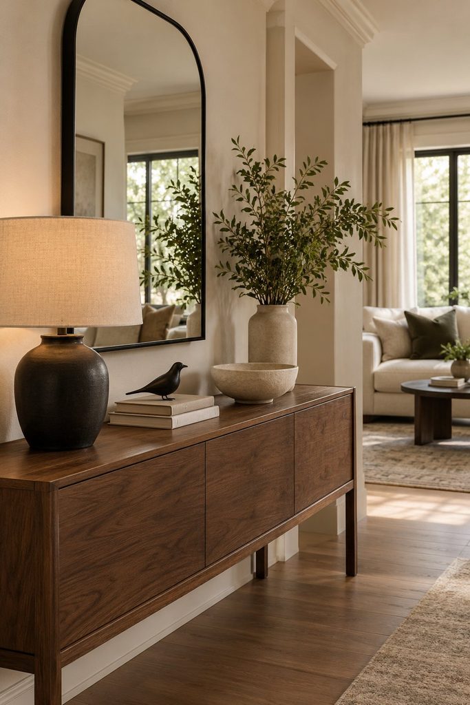 Walnut console styled with a black lamp, black-framed mirror and small black bird figurine beside ivory ceramics.