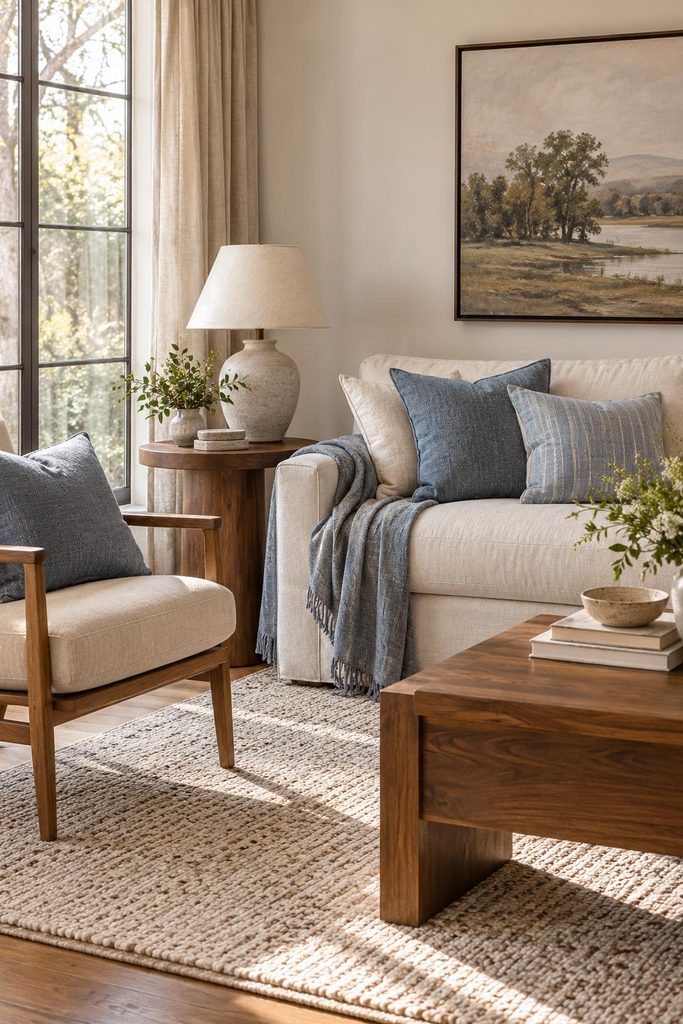 Cozy living room with muted blue cushions and a blue throw layered on a cream sofa beside warm wood furniture.
