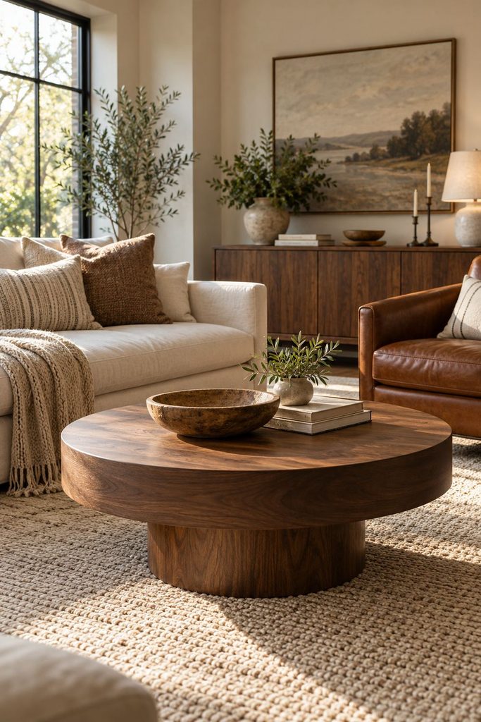 Warm living room with a round walnut coffee table, cognac leather chair, cream sofa and textured neutral rug.