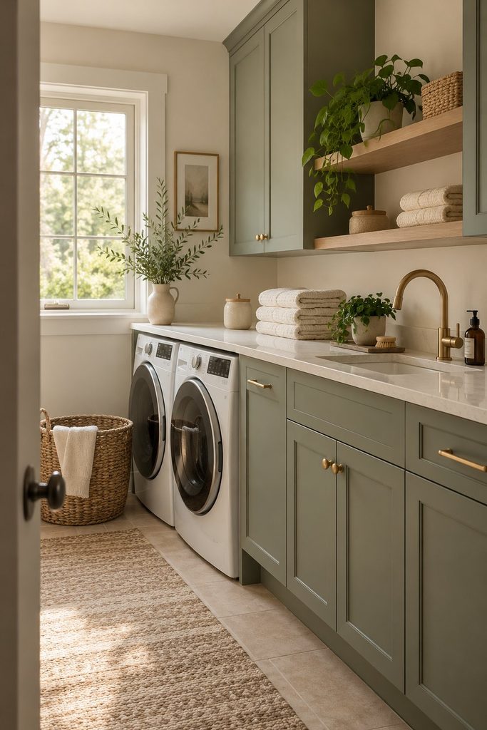 Muted green-grey laundry cabinets with brushed brass hardware, cream countertops, oak shelves and woven storage baskets.