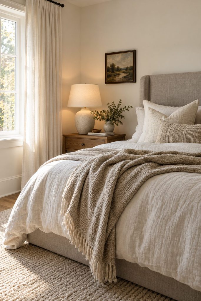 Cozy bedroom with warm white walls, ivory bedding, a grey upholstered headboard and a wood nightstand with a ceramic lamp.
